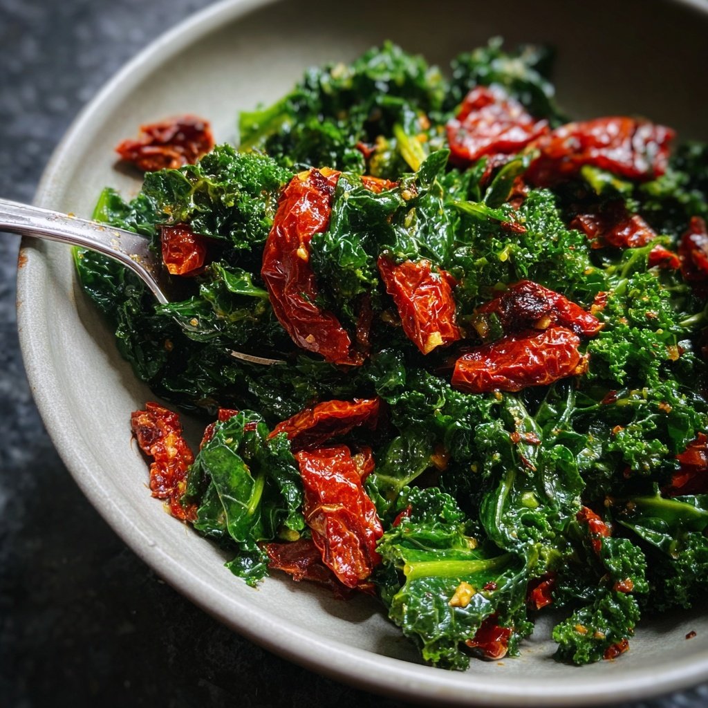Schnelle Grünkohlpfanne mit getrockneten Tomaten