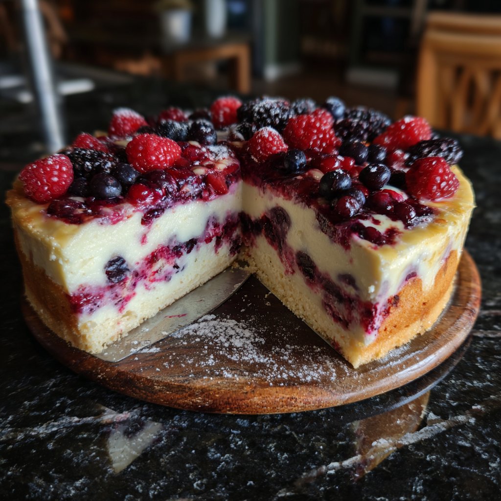 Blechkuchen mit Beeren und Vanillepudding